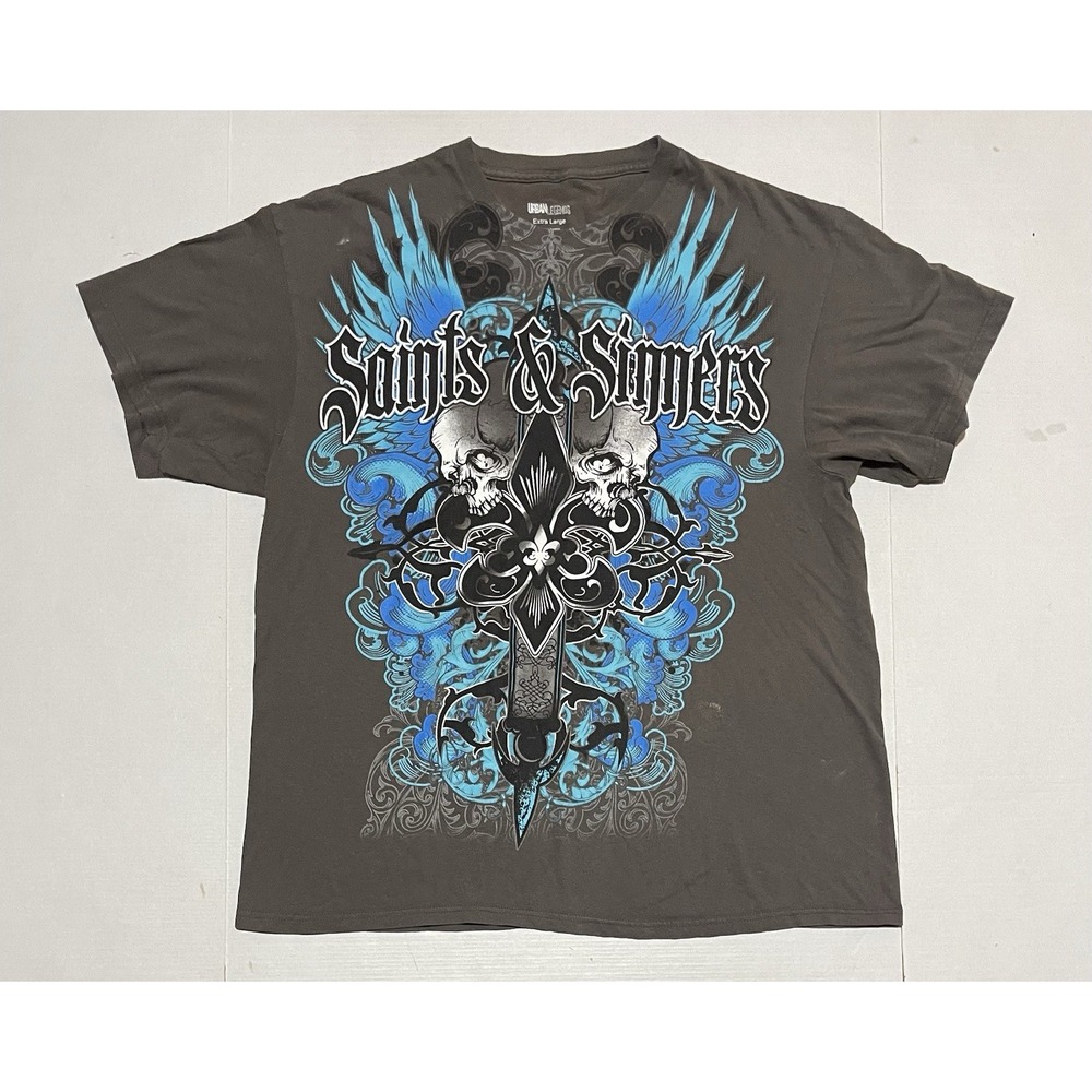 Urban Legends Saints & Sinners Graphic T Shirt XL Skull Wings Gothic Y2K Grunge